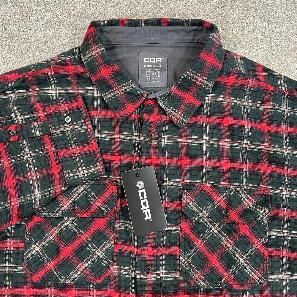CQR‎ Flannel Shirt 3XL Heavyweight Plaid Tactical Workwear Pockets Red Green NWT